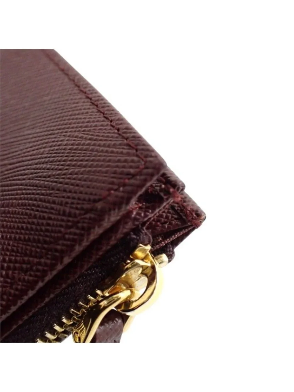 Prada Saffiano Triangle Bifold Wallet Bordeaux Burgundy Gold Genus